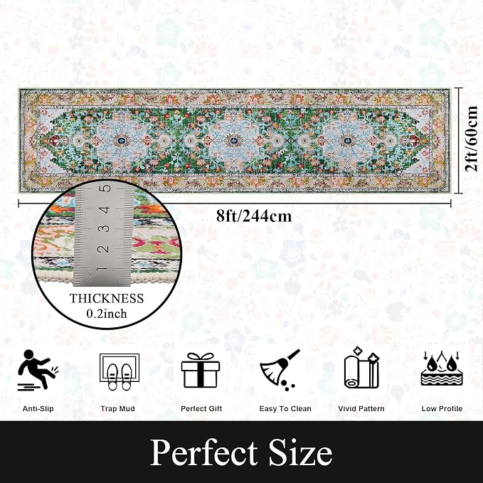 U'Artlines 2' x 8' Boho Hallway Runner Rug Non Slip Washable Runners,Green | Vintage Farmhouse Kitchen Rug Accent Area Carpet for Entryway Laundry and Living Room