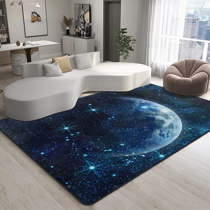 9CH Galaxy Rug for Kids Bedroom, Dark Blue Space Rug with Starry Sky Design, Soft Washable Celestial Moon Carpet for Boys Girls Playroom Living Room 5' X 7'