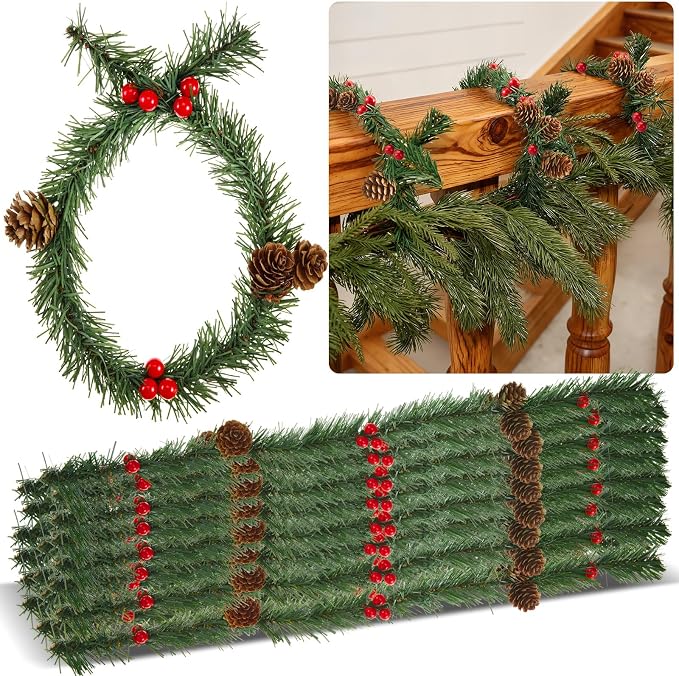 Zhengmy 30 Pcs 20 Inch Christmas Garland Ties with Pinecone & Red Berries, Decorative Twist Tie for Banister Flexible Pine Stems for Christmas Stairs Railing Banister Decor DIY Craft Gift Wrapping