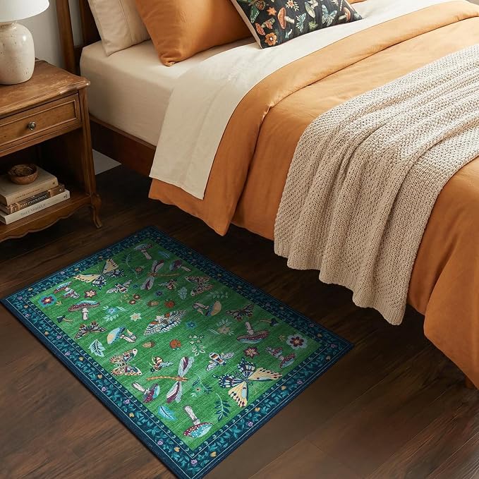 ROYHOME Mushroom Insect Washable 2x3 Rug for Entryway Door Mat Blue Green | Kitchen Bathroom Bedroom Small Bug Moth Cute Funky Cottage Core Whimsical Boy Rugs Low-Pile Non-Slip TPE Backing