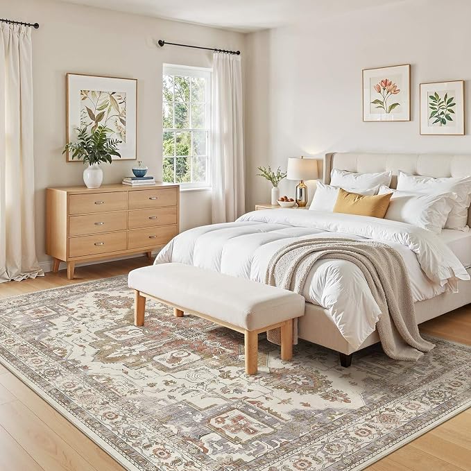 Vintage Washable 10x14 Area Rug for Living Room, Golden Taupe | Soft Low Pile Rug with Non-Slip Backing, Stain Resistant for Bedroom or Dining Room, Kid & Pet Friendly