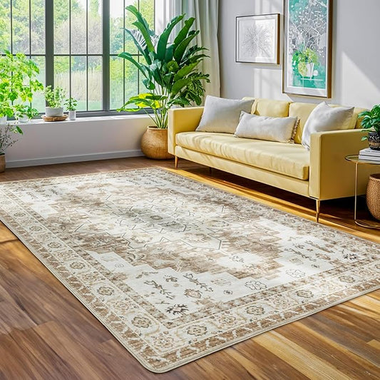 LBRO2M Machine Washable Rug Soft Pet Friendly Carpet 5X7 Cream | Persian Rug 5X7 for Living Room, Bedroom, Dining Room, Home Office, Non Slip Carpet, Foldable Stain Resistant Rugs
