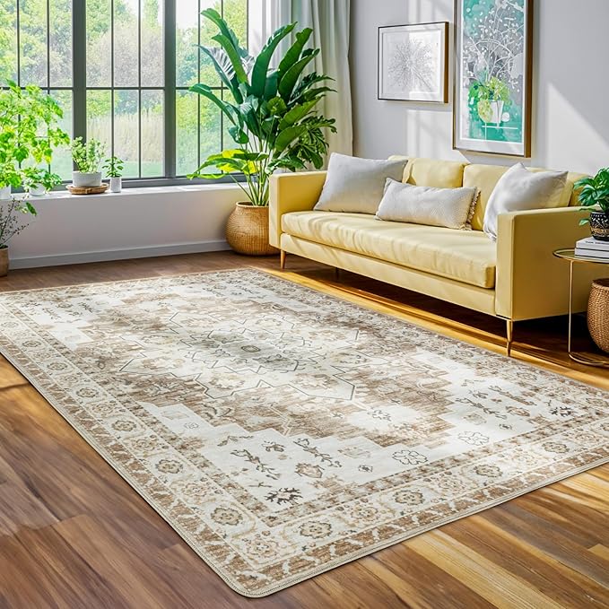 LBRO2M Machine Washable Rug Soft Pet Friendly Carpet 5X7 Cream | Area Rug 5X7 for Living Room, Bedroom, Dining Room, Home Office, Non Slip Carpet, Foldable Stain Resistant Rugs