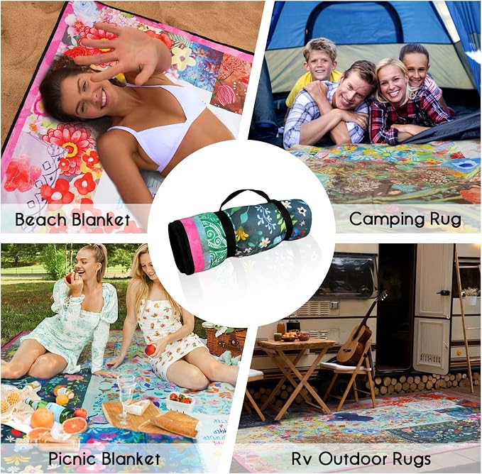 Picnic Blankets Waterproof Foldable Extra Large,80"x 60" Outdoor Beach Blanket Waterproof Sandproof,3-Layer Lightweight Handy Mat Tote Picnic Camping Rugs for Outside Your Rv(Boho Flowers)