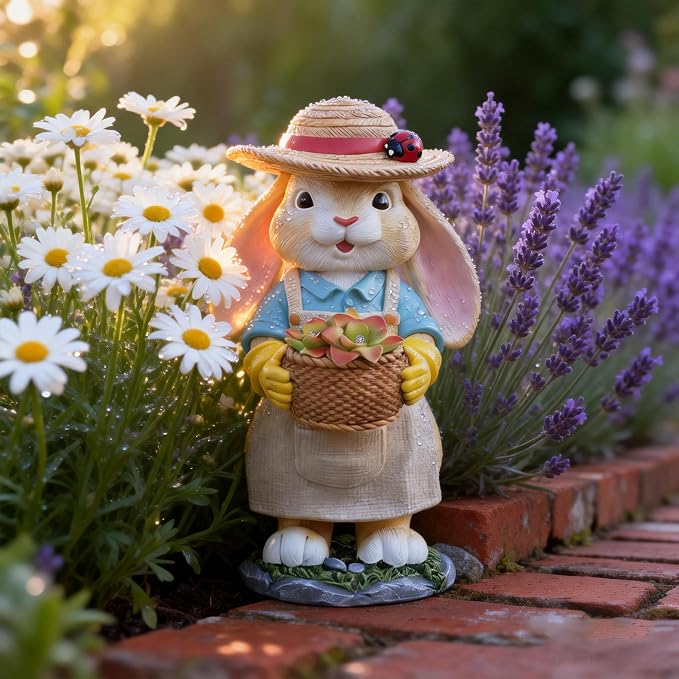11" Rabbit Solar Garden Decor Bunny Outdoor Statue with Light | Gift Idea Light Decorations for Yard Garden Patio Mom Gift