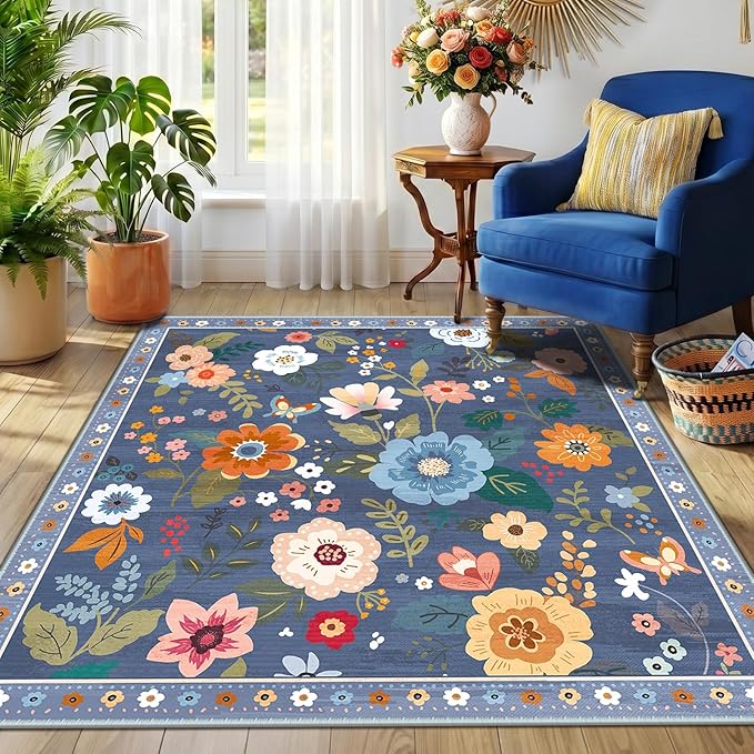 RELEANY Floral Washable Square 6ft Area Rug Blue/Grey | Flower Carpet, Print, Boho, Non-Slip, Easy to Clean, Soft, Low Pile for Living Room Bedroom Kitchen Office Entryway Hallway