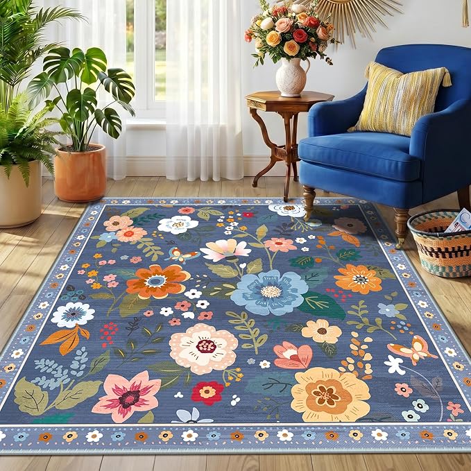 RELEANY Floral Washable Square 5ft Area Rug Blue/Grey | Flower Carpet, Print, Boho, Non-Slip, Easy to Clean, Soft, Low Pile for Living Room Bedroom Kitchen Office Entryway Hallway