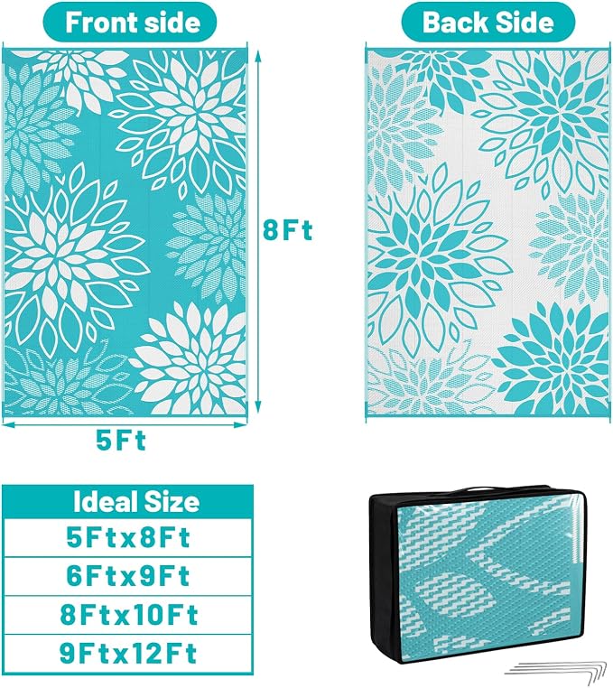 HEBE Waterproof Outdoor Rug 5x8 for Patios, Floral Reversible Plastic Straw Rug Patio Mat, Indoor Outdoor Carpet RV Mat Camping Rug for Deck, Camper, Porch, Balcony, Backyard, Picnic