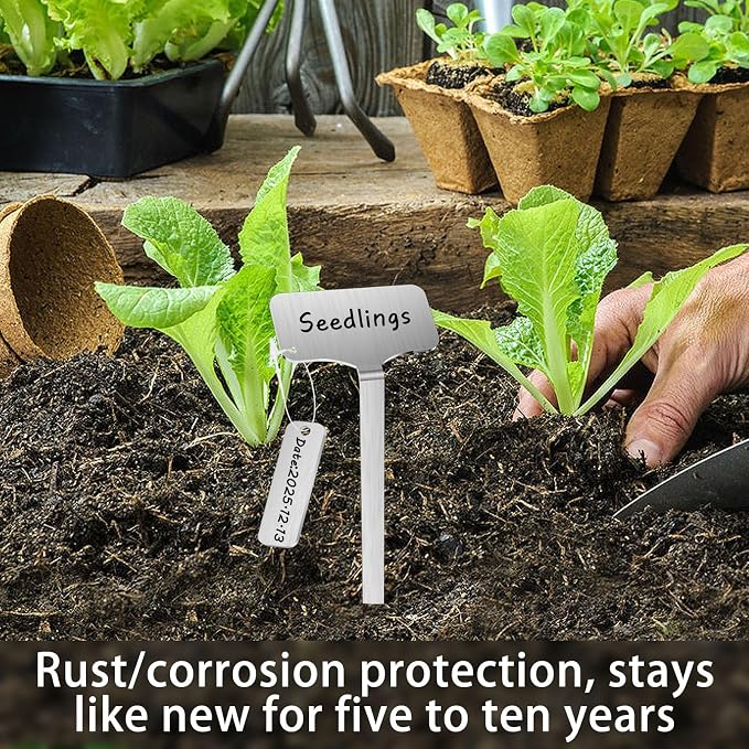 304 Stainless Steel Plant Markers, 50 Waterproof Metal Plant Label Stakes with 50 Tag Buckles & 2 Marker Pen, 12.75" Garden Markers for Outdoor Indoor Plants Identification.