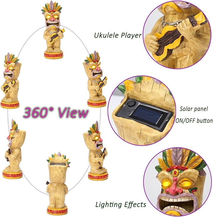 Solar Tiki Garden Statue with LED Eyes Outdoor Resin Ukulele Player Yard Decor Solar Light Hawaiian Style Lawn Ornament for Patio Porch Tiki Bar Decor Best Gift for Tiki Lovers