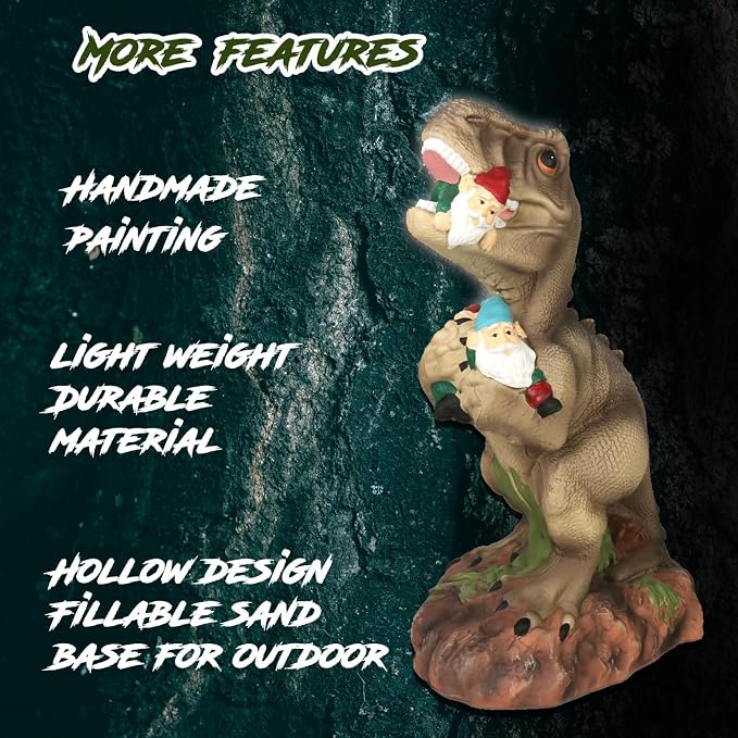 Dinosaur Statue with Gnomes, 16“ Large Outdoor Garden Statues Yard Decor, Funny Dinosaur Holding Gnomes Figurines for Patio Lawn, Weatherproof Gnome Decorations for Home, Unique