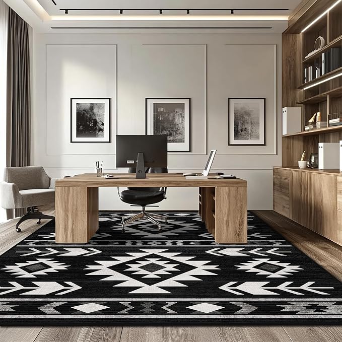8x10 Area Rug for Living Room Western Rug Southwestern Aztec Tribal Rugs Southwest Navajo Machine Washable Non-Slip Printed Low-Pile Floor Carpet for Bedroom Dining Room Office, Black