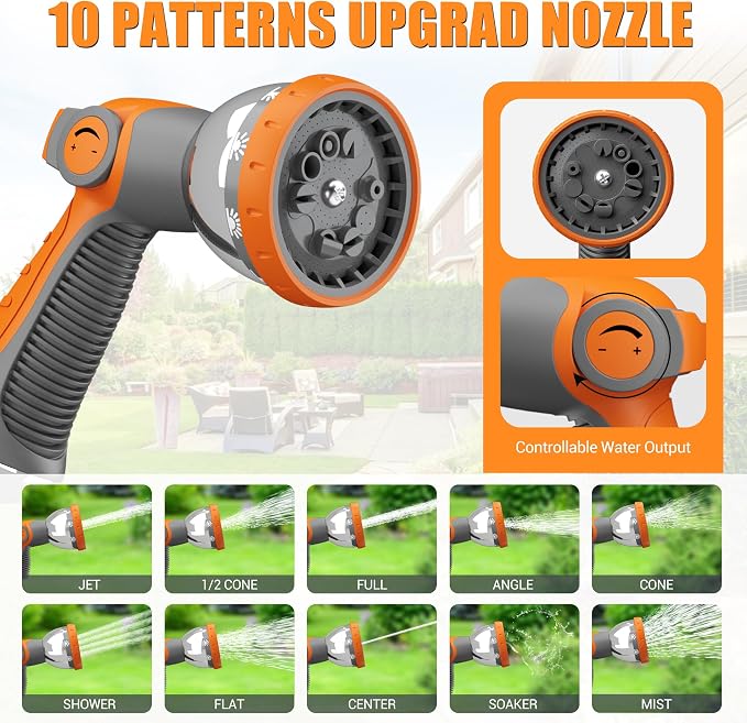 5/8" x 75 ft Retractable Hose Reel, Heavy Duty Retractable Garden Hose Reel Wall Mounted with 10-Pattern Hose Nozzle/Any Length Lock/Slow Return System/180°Swivel Bracket,Orange