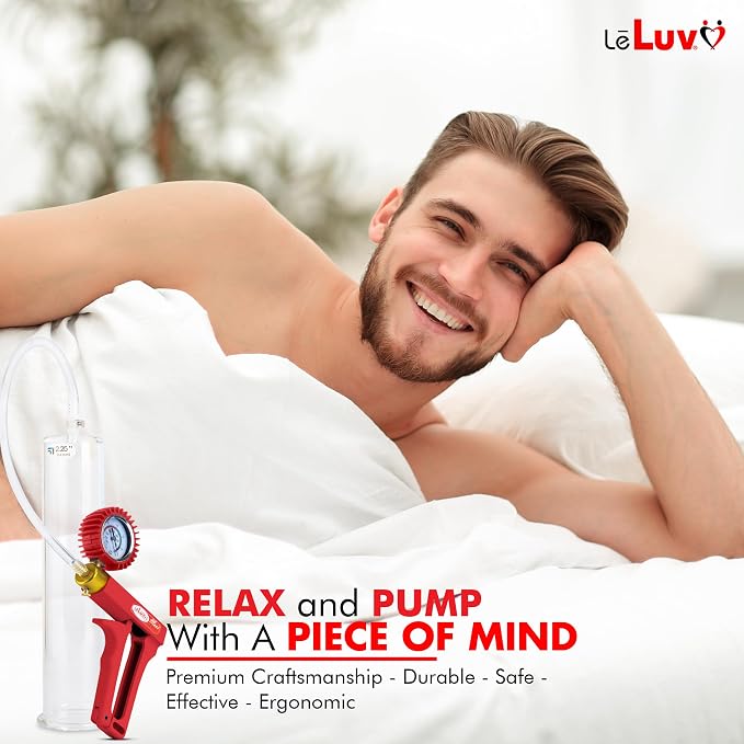 LeLuv Vibrating Penis Pump Maxi Red Handle + Protected Gauge - Bundle with Clear Hose - 12 inch Length x 1.50 inch Diameter Cylinder