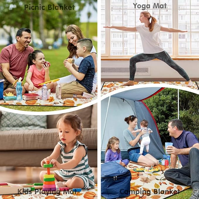 Fall Pumpkin Blankets Waterproof Foldable,60’‘x80'' Portable Dual Layers Outdoor Travel Camping Backpacking Hiking Beach Blanket Mat for Grass Padded Lawn Park Beach,Fall Pumpkin Picnic Accessories