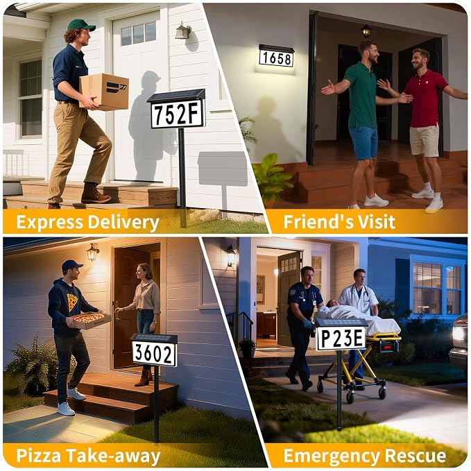 Solar Address Sign, Lighted House Numbers for Outside, 3 Colors Waterproof Illuminated House Number Plaque With Stake, Wall Mounted or In Ground Solar Address Numbers for Yard Garden Street Home (Black, 2 Pack)