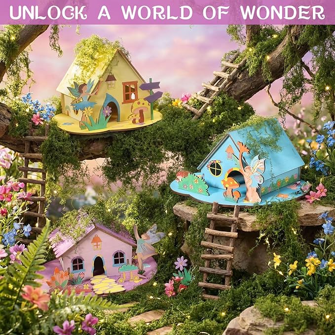 DoubleFill 18 Sets Wooden Fairy House DIY Kit Craft - DIY Fairy Garden with Paints & Decorations - Arts Crafts & Birthday Gift for Craft Activity Party Decor (Lovely Short)