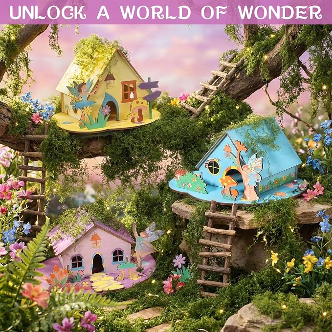 DoubleFill 6 Sets Wooden Fairy House DIY Kit Craft - DIY Fairy Garden with Paints & Decorations - Arts Crafts & Birthday Gift for Craft Activity Party Decor (Lovely Short)