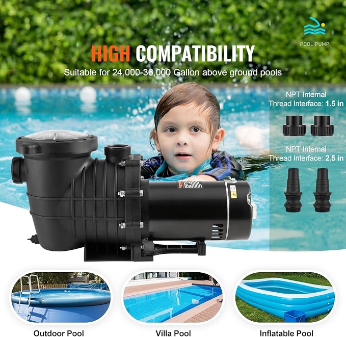 VEVOR Above Ground Pool Pump, 2 HP Single-Speed Operation Pump with 110 GPM Max Flow, 3450 RPM, 110V/240V, 59 ft Max Head, Equipped with a Filter Basket, for Above Ground Pools, Spas, and Hot Tubs