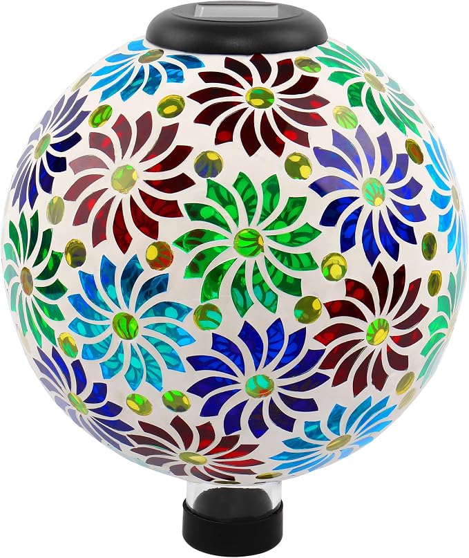 SAVENNA Mosaic Solar Gazing Ball 10 Inch,Glass Garden Globe with Auto On/Off for Yard, Lawn & Outdoor Decor,Multi-Color