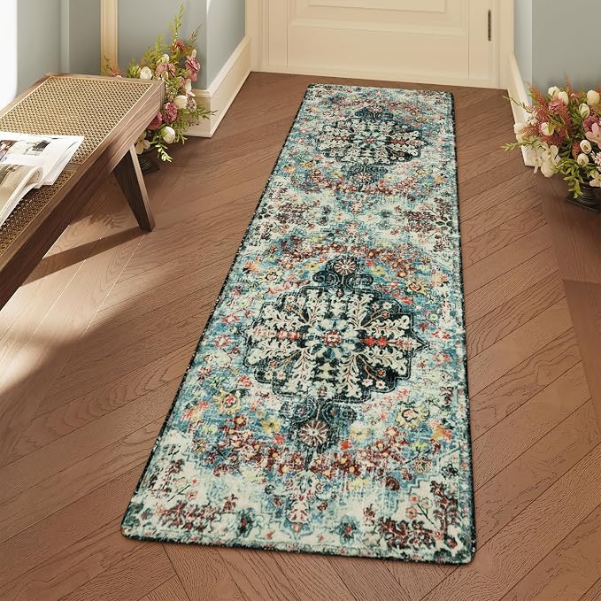 Lahome Reine Bohemian Floral 2'8" x 8' Washable Hallway Runner Rug, Non Slip Kitchen Carpet Runners, Turkish Soft Pet Friendly Stair Mat for Bathroom Laundry Room Sunroom, Teal