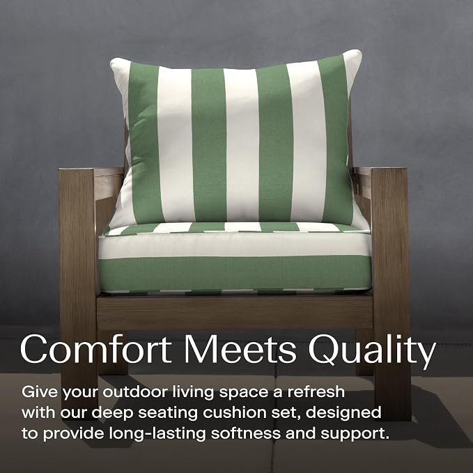 Honeycomb Outdoor Heritage Deep Seat, 24 x 23, Cabana Stripe Green & Cream Chair Cushion with Removable Cover, for Patio Furniture