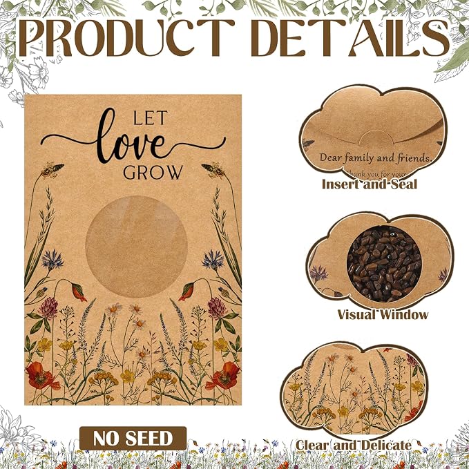 Fumete 50 Pcs Let Love Grow Seed Packets Cool Wedding Favors for Guests Kraft Envelope Kraft Bag with Window Flower Resealable Seed Storage Packets for Wedding Party Favors Bridal Shower