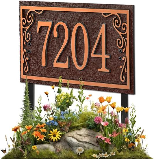 Lawn Address Sign Plaque - Personalized House Number Plaque Sign,Address Numbers for House Large Option Stakes Included (Coffee/Copper)