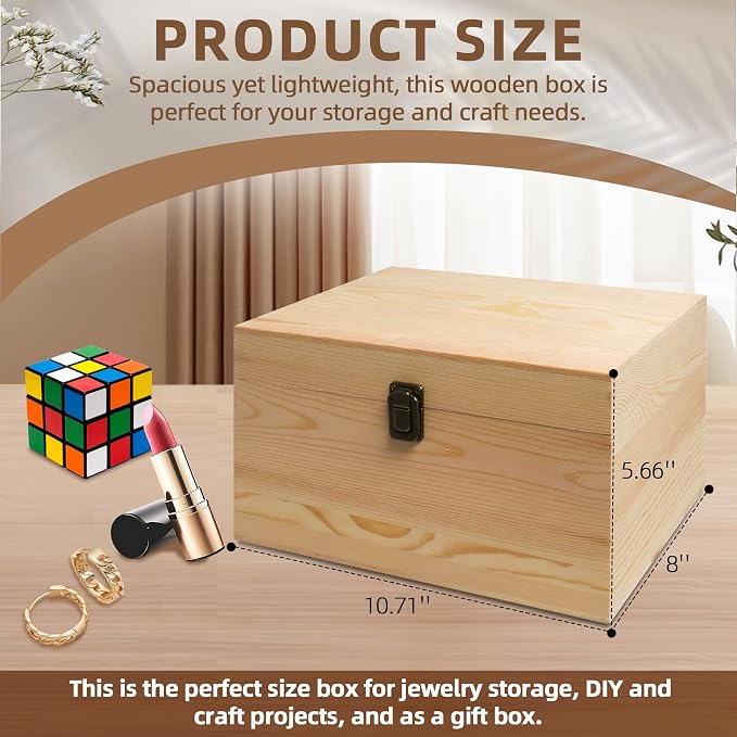 10.71x8x5.66-Inch Unfinished Wooden Box with Hinged Lid & Front Clasp for DIY Art Project Crafts Woodcraft Keepsake - Easy to Stain Paint Wood Burning