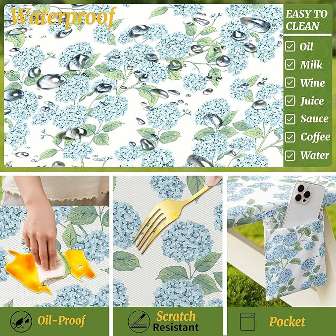 Picnic Table Cover with Bench Covers Elastic,Fitted Table Cloths for Rectangle Tables 6 Foot Washable,Waterproof Tablecloth for Outdoor Camping Essentials (Blue Hydrangea, 6 Foot)