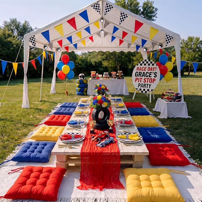 Extra Large Outdoor Picnic Blanket with Table Runner and Floor Pillow Cushion for Picnic Wedding Birthday Baby Shower Backyard Decor(91 x 71'',Deep Blue,Red,Lemon Yellow,8 Pcs)