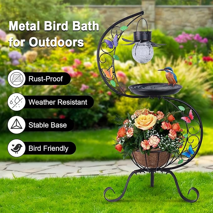 hogardeck Bird Bath for Outside with Solar Lamp, Metal Birdbaths for Outdoors with Flower Planter Pedestal, Vintage Birdbath for Garden Yard Patio Lawn Decor