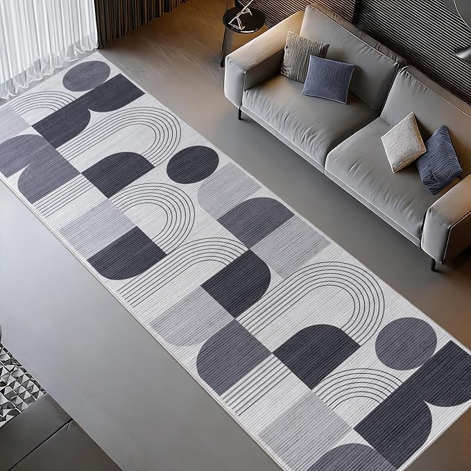 Soft Modern Geometric Abstract Machine Washable 2x6 Runner Rug | Grey Rugs for Bedroom Living Room, Non-Shedding Faux Wool Indoor Throw Floor Carpet for Office Entryway Dining Room Decor