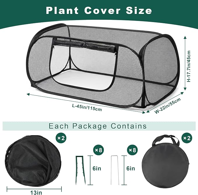 2Pack Raised Garden Bed Covers, Pop-Up Mesh Plant Shade Cover, 30% Sunblock Plant Shade Tent, Foldable Garden Netting Crop Cage for Vegetables Against Birds, Insects, 16 Stakes, Black-45"X22"X17.7"