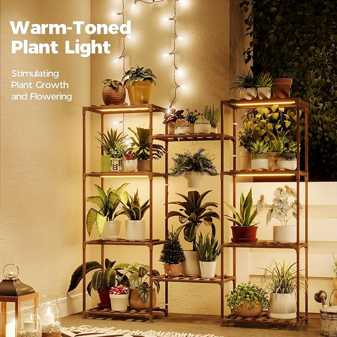 Bamworld Plant Stand with Grow Lights Large Plant Shelf for Mutiple Pots Plant Holder for Living Room Patio Boho Home Decor for Gardening Warm Light