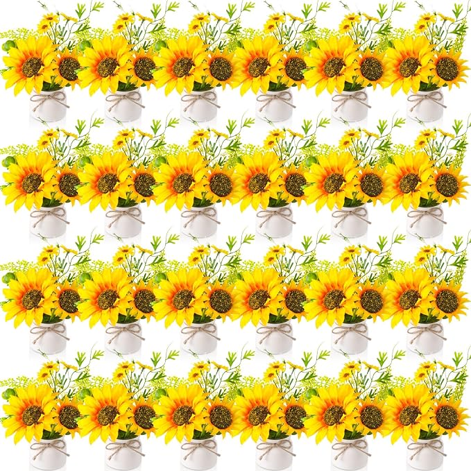 Zeyune 24 Pcs Sunflower Potted Plants Rustic Summer Spring Kitchen Wedding Table Centerpieces Silk Yellow Fake Flower with Plastic Pot for Home Bathroom Office (White,Sunflower)