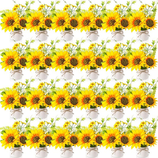Zeyune 24 Pcs Sunflower Potted Plants Rustic Summer Spring Kitchen Wedding Table Centerpieces Silk Yellow Fake Flower with Plastic Pot for Home Bathroom Office (White,Sunflower)