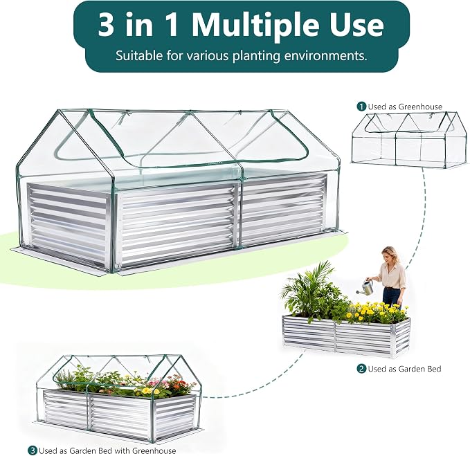 DUMOS Galvanized Raised Garden Bed with Cover, 6x3x2ft Metal Planter Box Outdoor for Deep-Rooted Vegetables Flowers Herbs, Garden Bed Mini Greenhouse for Patio Balcony Backyard, Open Bottom, Clear