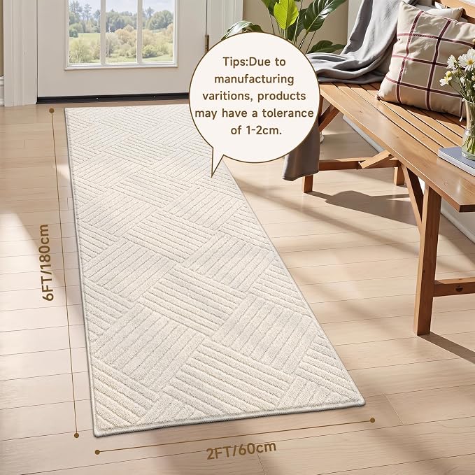 2x6 Bedroom Runner, Soft Beige Geometric Fluffy Hallway Mat | Washable Modern Hall Floor Rug, Non Slip Shaggy Boho Indoor Accent Kitchen Throw Carpet for Laundry, Entyway and Bathroom