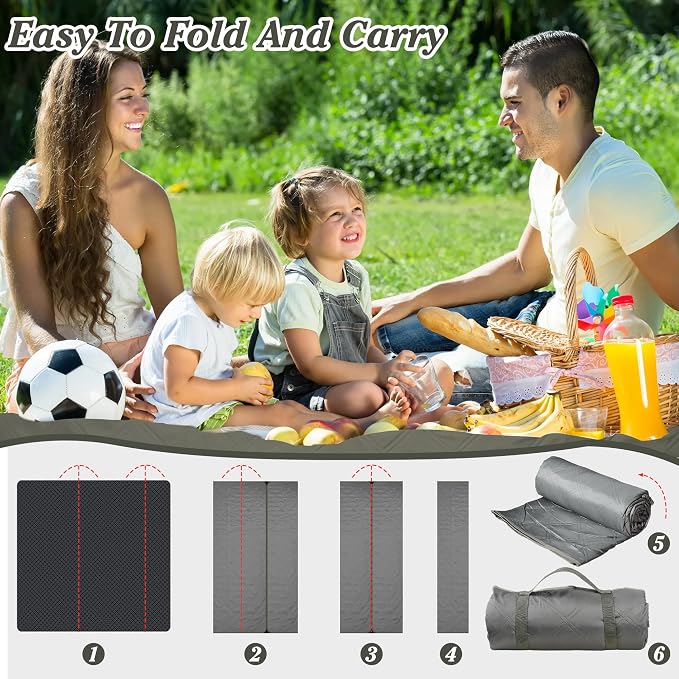 Waterproof Picnic Blanket 80 * 60 in Portable with Carry Strap for Beach Mat or Family Outdoor Camping Party, Park Blanket for Grass Park, Hiking, Travel