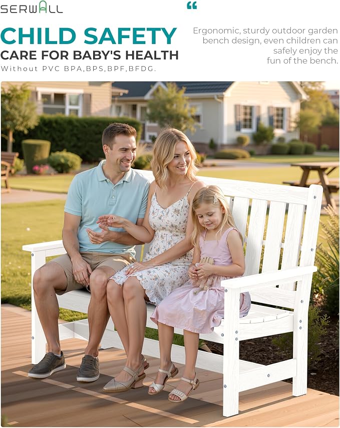 SERWALL HDPE Outdoor Bench with Cup Holder Oversized 58" Porch Bench, White | Suitable for 3 Person, Heavy-duty, High Backrest, Weatherproof Material Patio Benches for Garden, Park, Yard, Front Porch