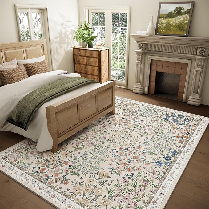 Washable Area Rug for Living Room: 9x12 Area Rugs for Bedroom Vintage Stain Resistant Non Slip Low Pile Soft Indoor Carpet Rug for Kitchen Dining Room Farmhouse Kids Room Nursery
