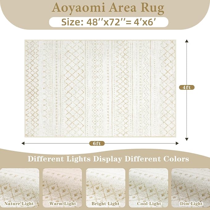Area Rug 4x6 Geometric Rugs: Washable Boho Moroccan Rug Modern Neutral Stain Resistant Rugs Soft Farmhouse Indoor Floor Carpet for Living Room Bedroom Dining Table Nursery(Beige,4X6)