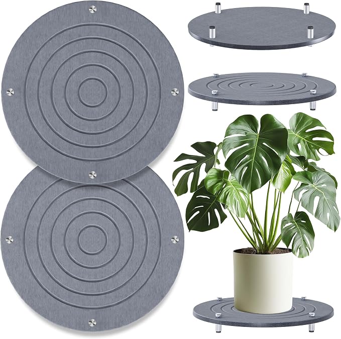 2Pcs 16 Inch Plant Saucers for Indoors, Instant Dry Diatomaceous Earth Plant Saucer, Plant Trays for Pots with Stainless Steel Feet, Plant Water Catcher Tray, Gray
