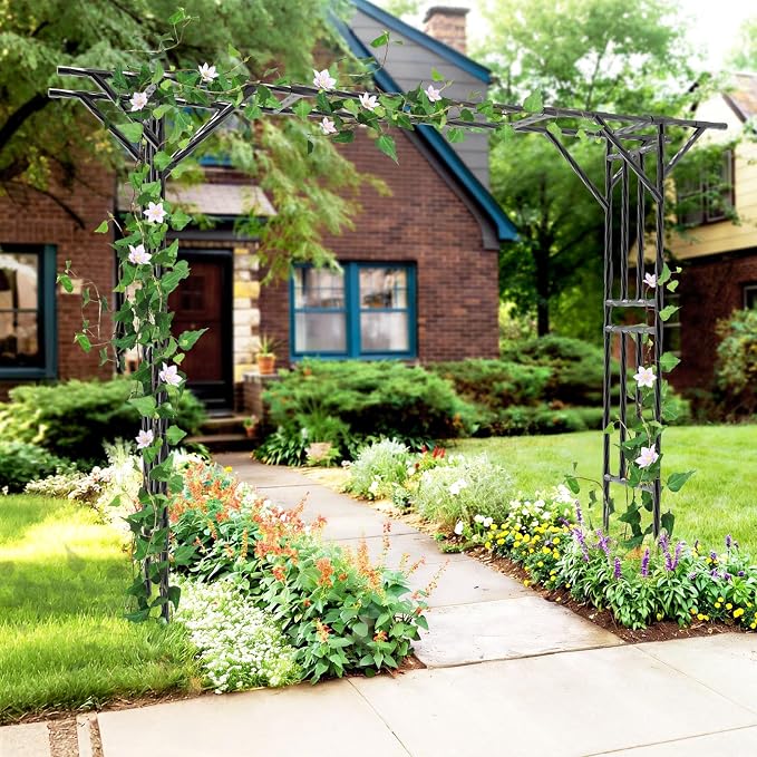 Garden Arch Trellis - 141.7" L×106.3" H Extra Large Flat Top Arbor Trellis with Coated Steel Pipe, Trellis for Climbing Plants Outdoor, Heavy Duty Abor Archway for Wedding Decor(25MM Pipe)