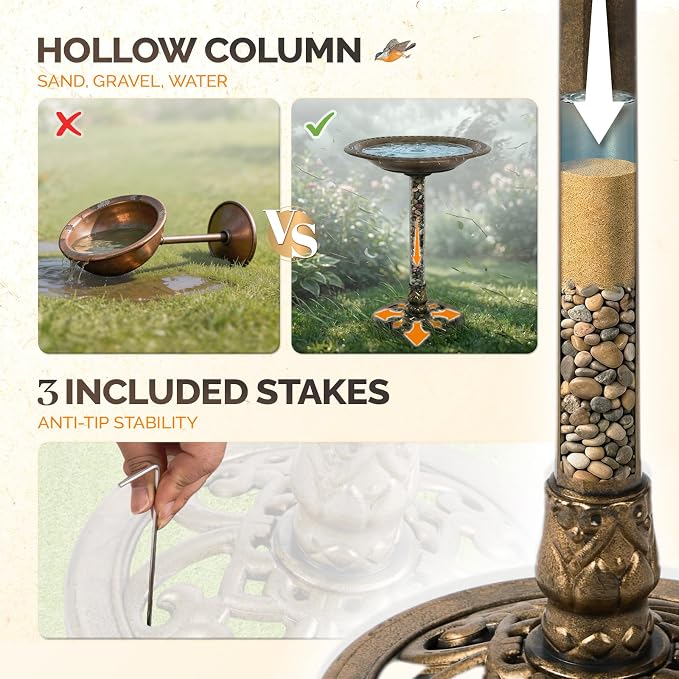 VINGLI Pedestal Bird Bath with Solar Fountain, Solar Pump Resin Birdbaths, Weather Resistant Bird Baths with Ground Stakes, Vintage Finish Garden Decor for Outdoor, Patio, Yard, Lawn (Copper-2.5W)