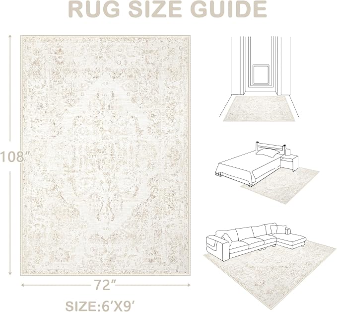 6x9 Area Rugs for Living Room: Washable Rug Vintage Large Rugs Soft Non Slip Low Pile Rug Floral Distressed Floor Carpet for Bedroom Kitchen Nursery Dining Room Home Office (Beige, 6'x9')