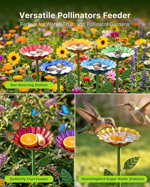 8 Pcs Water Station for Bee Butterfly Pollinator Outdoor Bird Bath Metal Round, Shallow Feeding Bowl for Garden Yard Balcony Color Decor, 3 Height Adjustable Stake Multipurpose Dish for Thirsty Insect