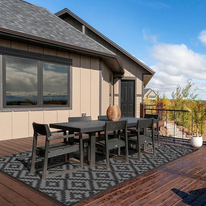 Outdoor Patio Plastic Straw Rug - 6x9 ft Outdoor Camping Rug Waterproof Reversible, Area Carpet Patios RV, Outside Porch Balcony Deck for Camper, Black & Grey