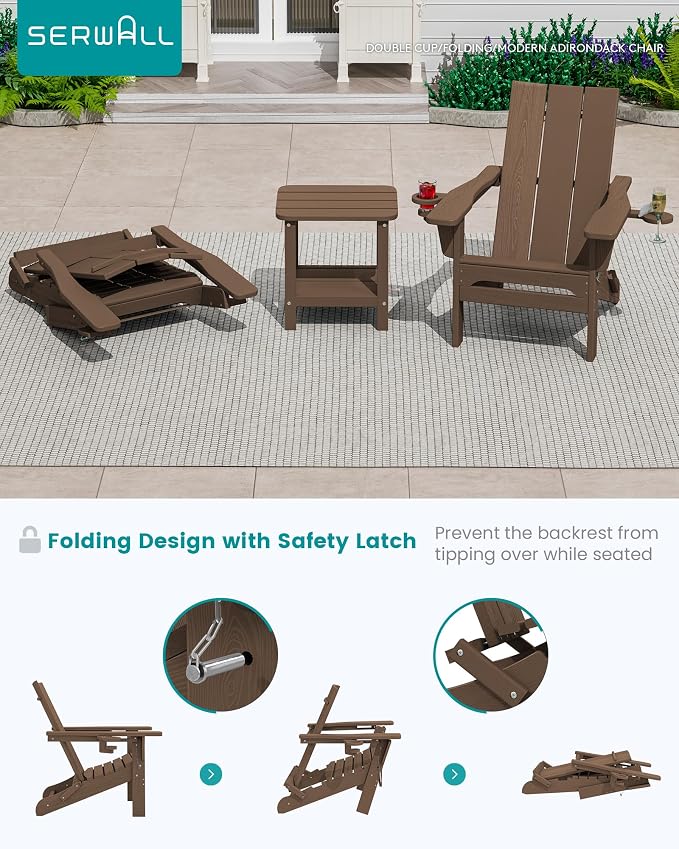 SERWALL Modern Folding Adirondack Chair Set with 9 Ft Umbrella, Folable Adirondack Chairs Set of 2 with Cup Holders, HDPE Fire Pit Chairs for Patio Lawn Garden, Brown (Umbrella Base is not Included)